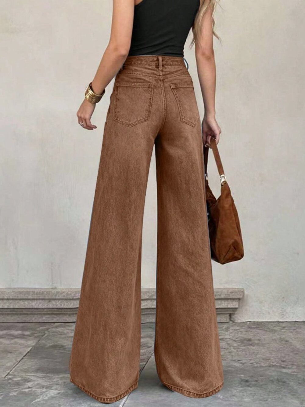 Coffee Brown Casual Women's Wide Leg Pants with Pockets, Zipper Detail - Picture 2 of 7
